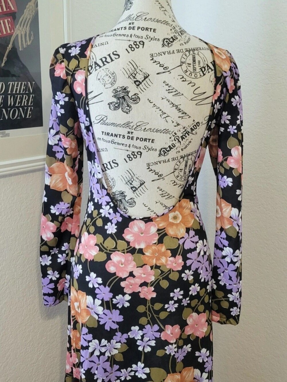 Vintage 70s 100% Antron Nylon Black Floral Maxi Dress Plunge Back Slinky Small